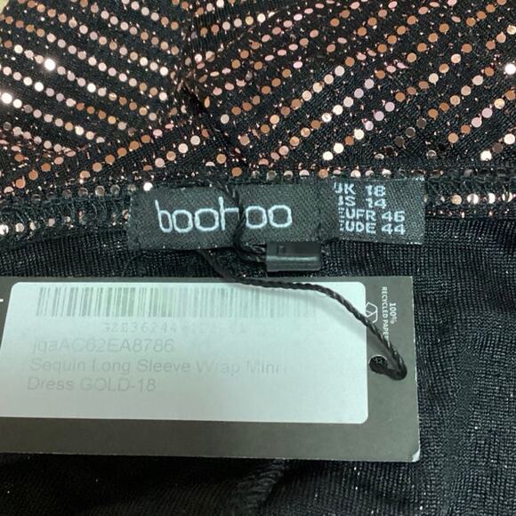 NEW Boohoo Bronze Gold Sequin Long Sleeve Holiday Wrap Mini Bodycon Dress Sz 14 - Picture 8 of 9